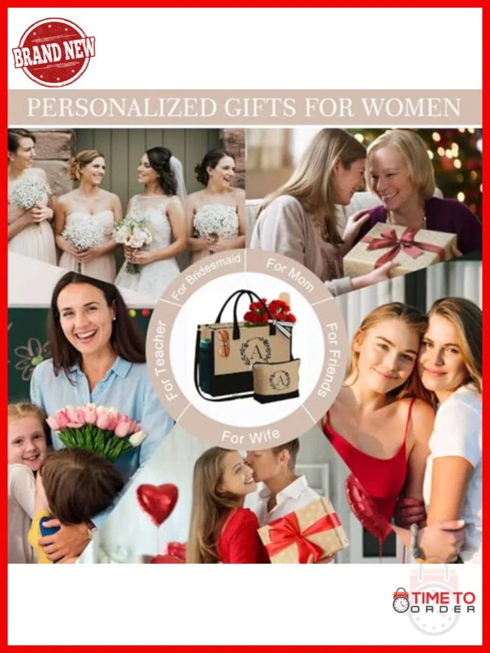 Personalized Initial Jute Tote Bag with Makeup Bag, Monogram Embroidery